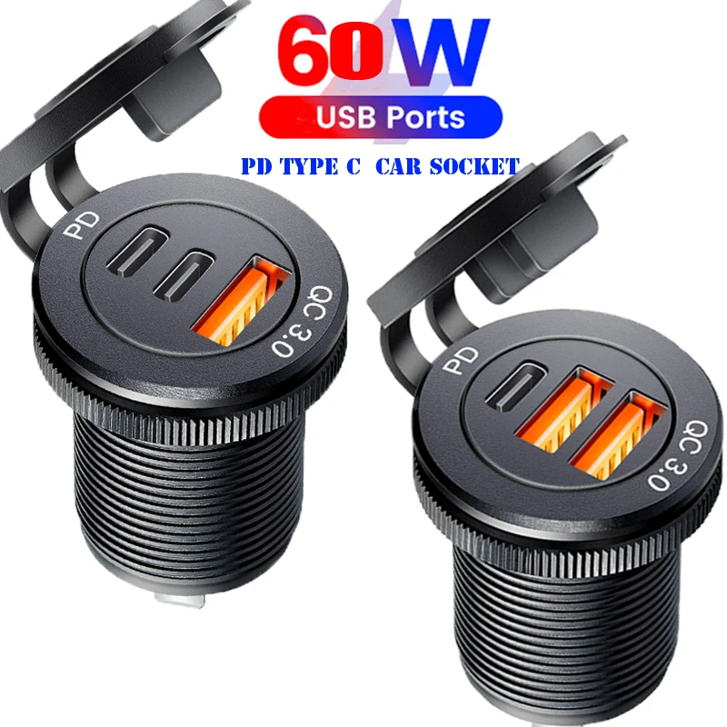 USB Outlet USB 3.0 Socket 60W Type-C Outlet Fast Charging Adapter for 12V 24V Car Truck Motorcycle RV Marine Motorcycle