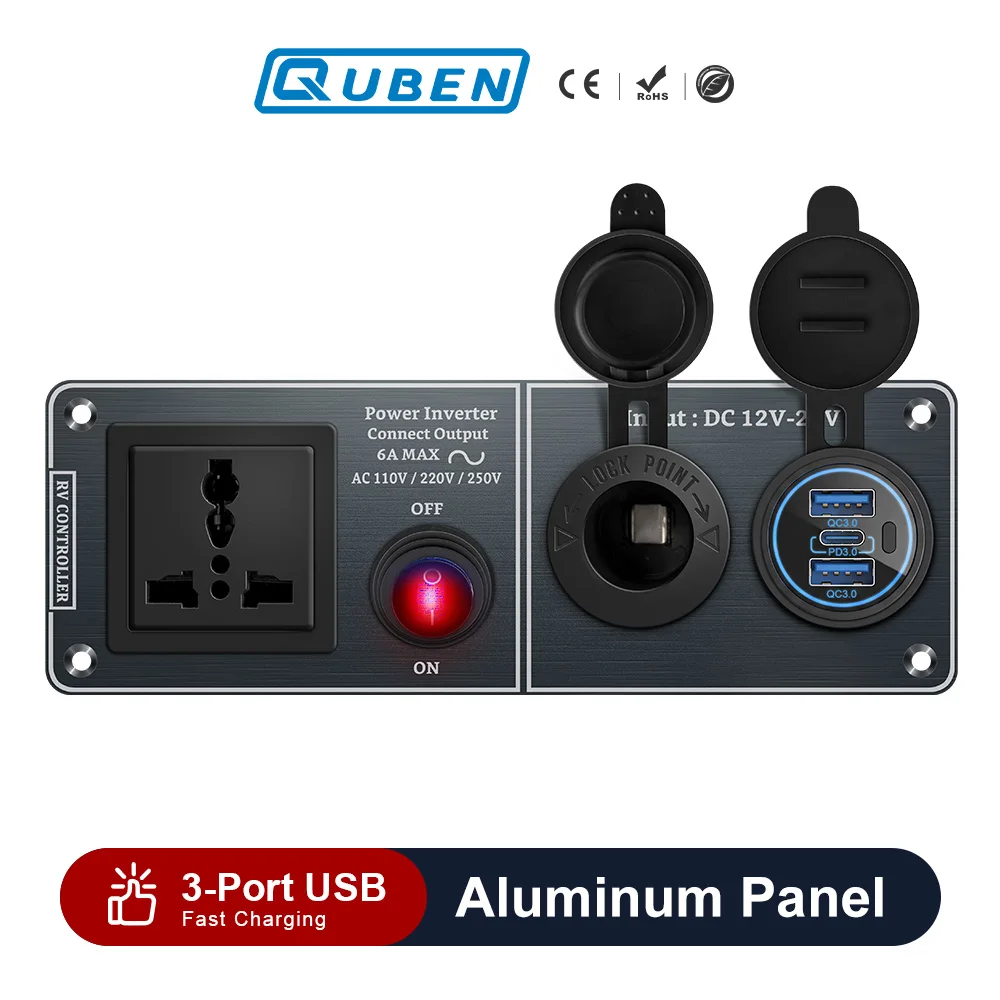 Car Charger Multi-Functions Aluminum Panel Inverter AC110V 220V Dual Port USB QC3.0 12V 24V for RV Yacht Travel Trailers