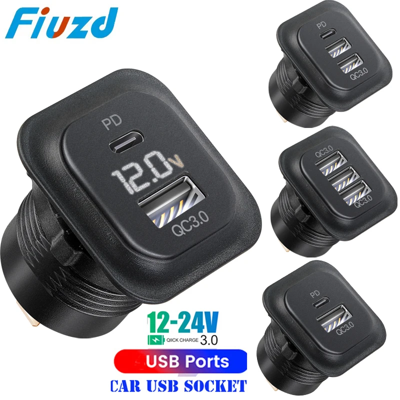 12v car usb charger fast charge Outlet Socket With Voltmeter Quick Charge Adapter for 12v 24v Truck Motorcycle RV Marine