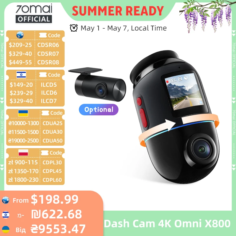 70mai Dash Cam 4K Omni X800 IMX678 360° Full View Supercapacitor 70mai X800 Built-in GPS ADAS 24H Parking Monitor AI Motion