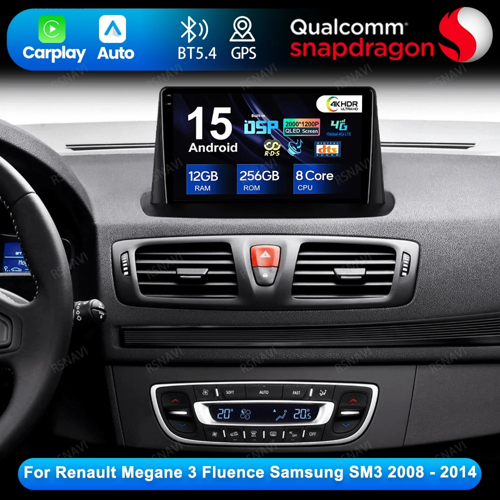Android 15 For Renault Megane 3 Fluence Samsung SM3 2008 - 2014 4G LTE Car Radio 5G WIFI Navigation Wireless Carplay Auto BT GPS