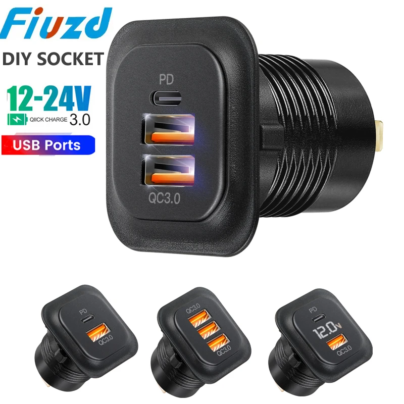 12v car power outlet Type c car charger fast charging usb a socket QC3.0 adapter for 12V/24V Cars Boats Motorcycle Boat RV
