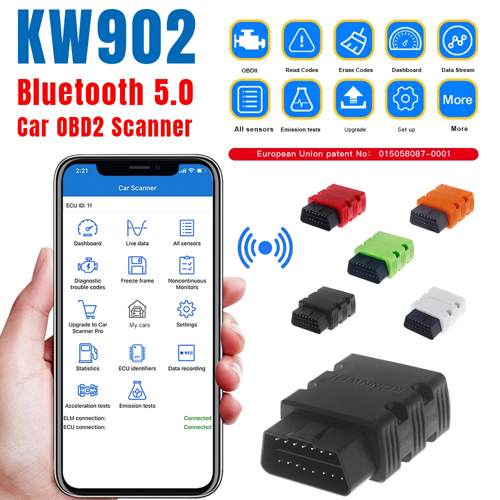 2026 KONNWEI KW902 ELM327 v1.5 auto Scanner OBD2 Car Diagnostic Tool Bluetooth Mini ELM 327 Code Reader for Android/IOS Free app