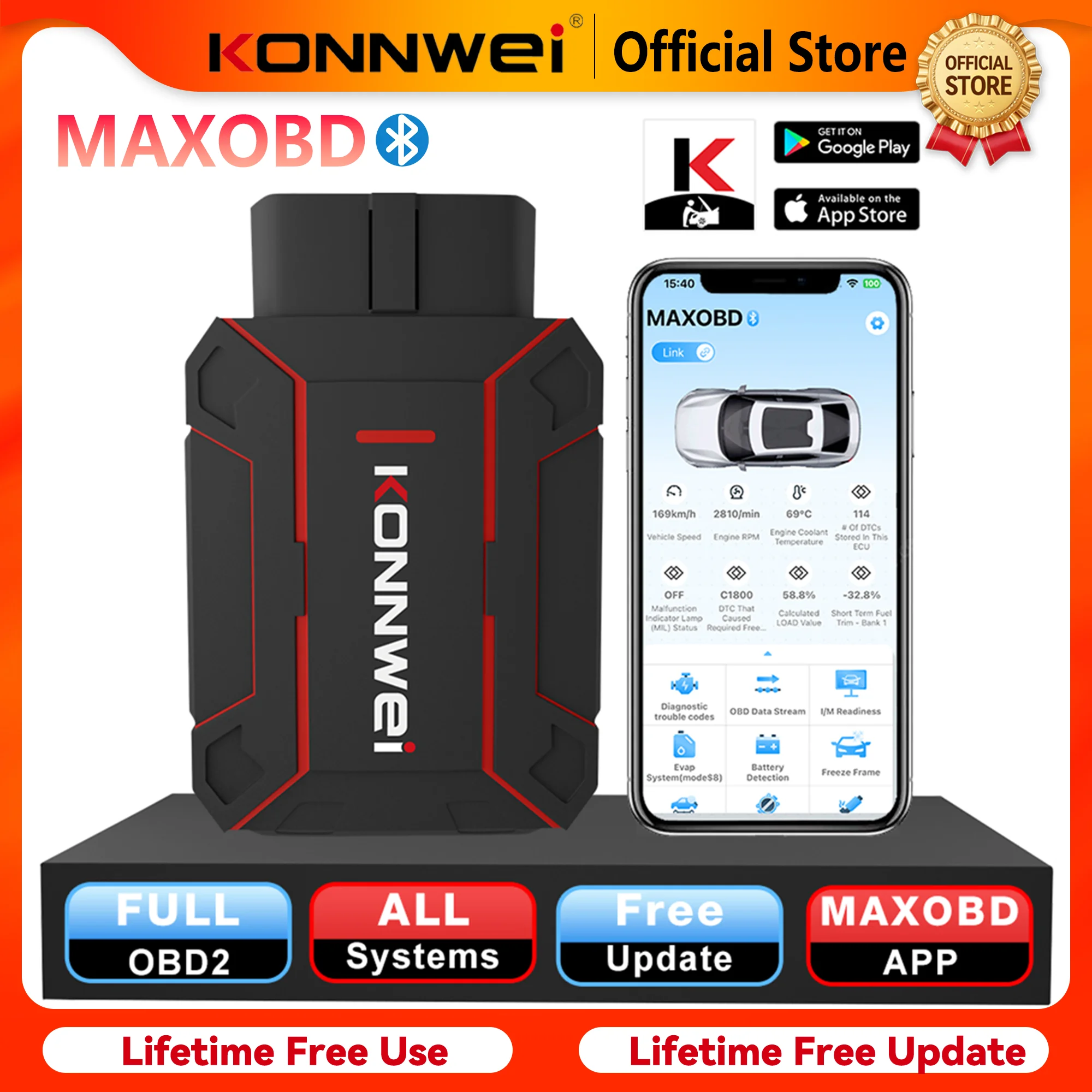 2026 KONNWEI MAXOBD Bluetooth 5.0 OBD2 Scanner Car Diagnostic Tool ABS DPF EPB SAS SRS TPMS Full System Scan Car OBD Functions
