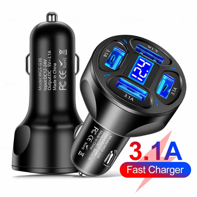 60W 3.1A 4Port USB car charger PD car phone charger for iPhone Samsung Xiaomi fast charging cigarette lighter adapter