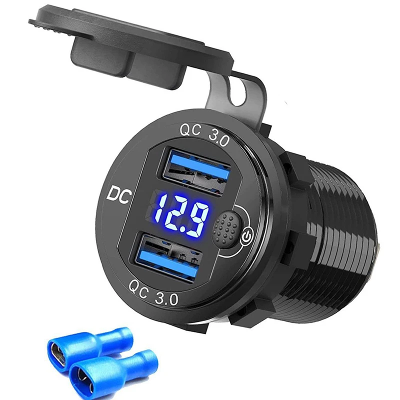 QC3.0 USB Car Charger  Dual Port Car USB Socket Fast Charge with LED Digital Voltmeter Display Switch for Vehicles Boat Motor