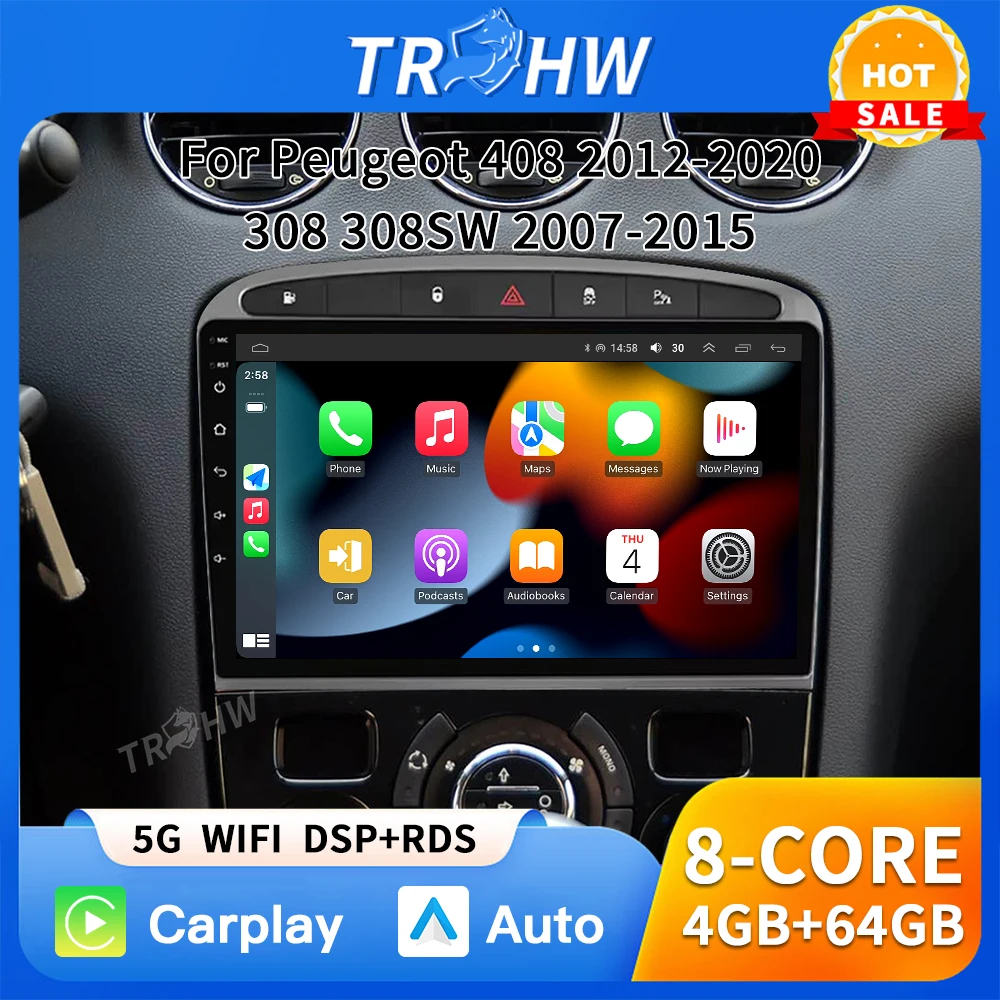 Android Auto For Peugeot RCZ 308 SW 2007 - 2015 408 2012 - 2020 Car Radio Multimedia GPS Navigation Wireless Carplay DSP No 2din