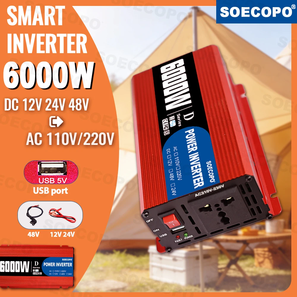 Smart Power Inverter 6000W-10000W AC 12V 24V 48V to DC 220V 50Hz Car Converter with USB 5V Port for RV Truck Outdoor Camping