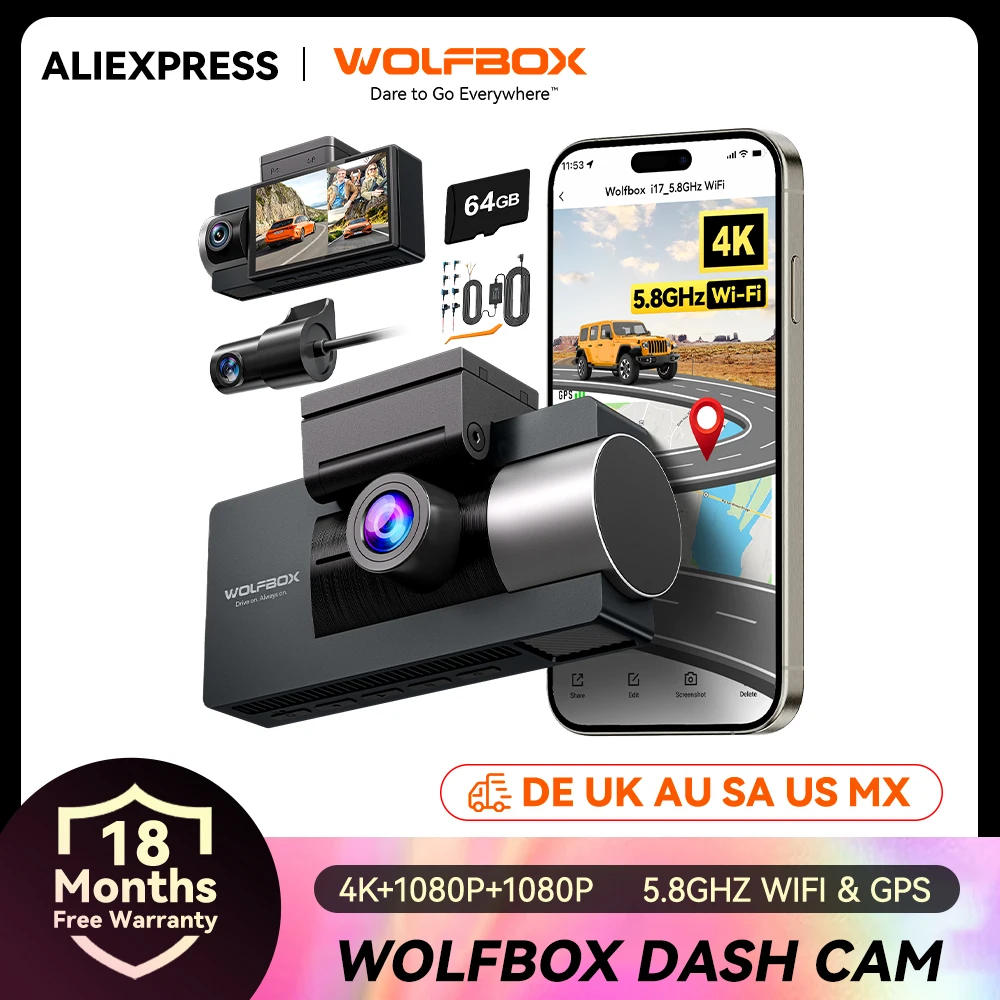 WOLFBOX I07 Dash  Cam 3 Channel Dash Camera for Car Front and Rear 4K Dash Camera with GPS WiFi Car Dvr for 170 FOV WDR