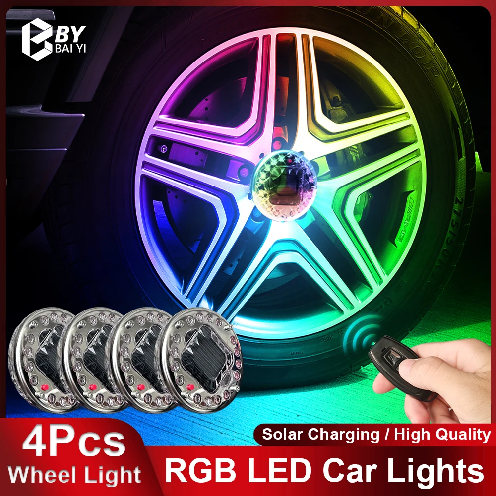 4Pcs LED Car Wheel Lights RGB Car Ambient Light Remote Control Flash Wheel Hub Lamp Solar Charging Neon Car Accessories
