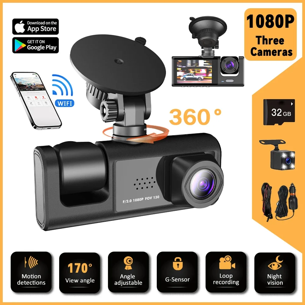 Dash Cam 3 Channel Car 360°All Sides Car Night Vision Video Recorder Built-In Wi-Fi HD 1080P Three Lens 24 H Monitor Car Camera