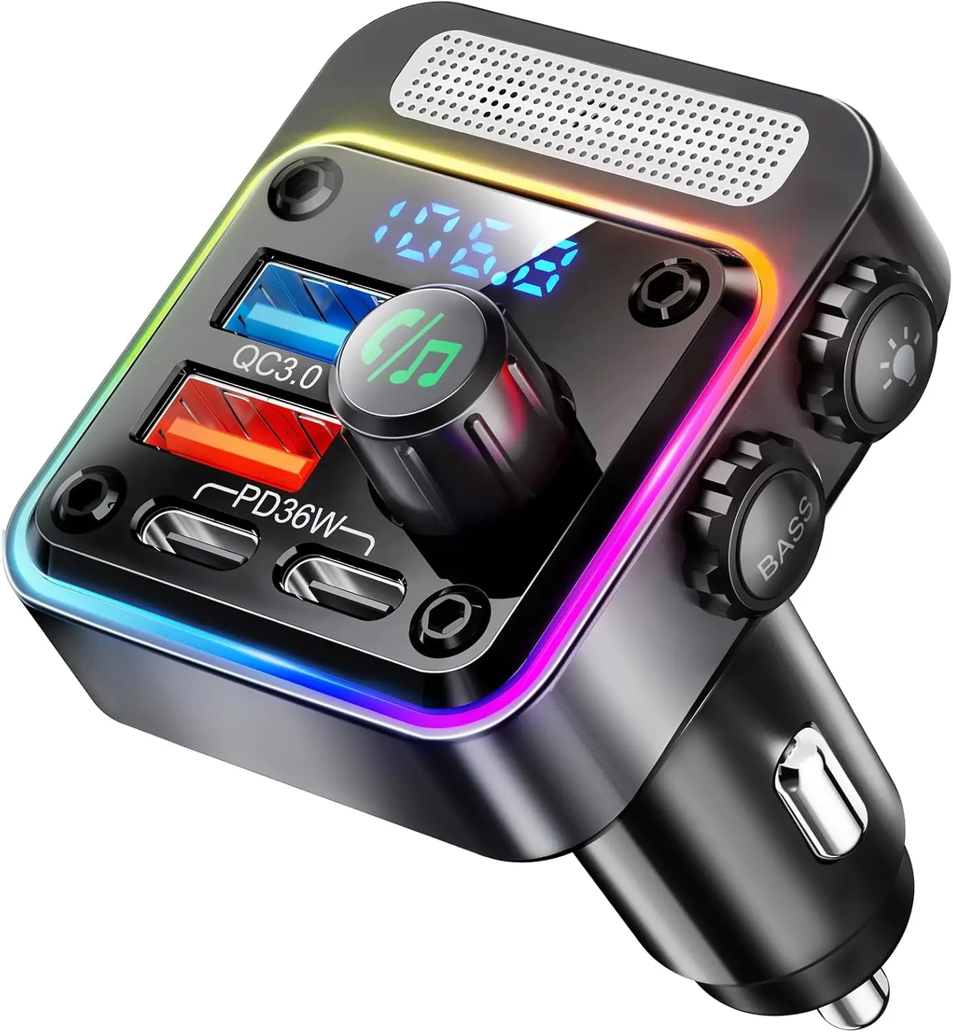 54W Bluetooth 5.3 Car Adapter with 4 Charging Ports PD 36W & QC3.0 18W, Wireless Radio FM Transmitter with Deep Bass Player