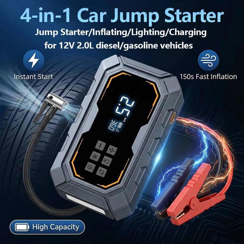 4 In 1 Car Jump Starter with Led Lighting Air Compressor Tire Pump Power Bank Portable 12V Battery Starting Car Battery Charger