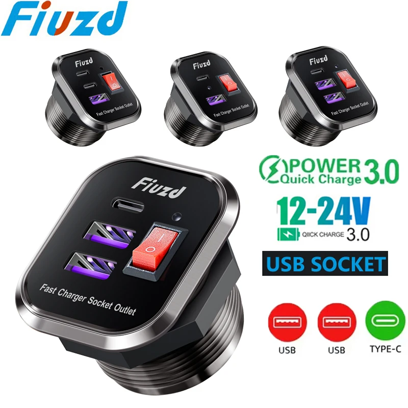 Car USB Charger Socket Metal 60W Car Charger 12V 24V USB Outlet PD USB-C & Two QC3.0 Ports Touch Switch For Boat Marine