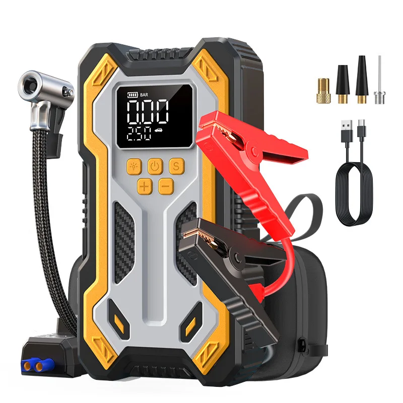10000mAh 12V Multi-Function Car Jump Starter, Air Compressor & Wireless Power Bank Smart Clamps Gas & Diesel Cars