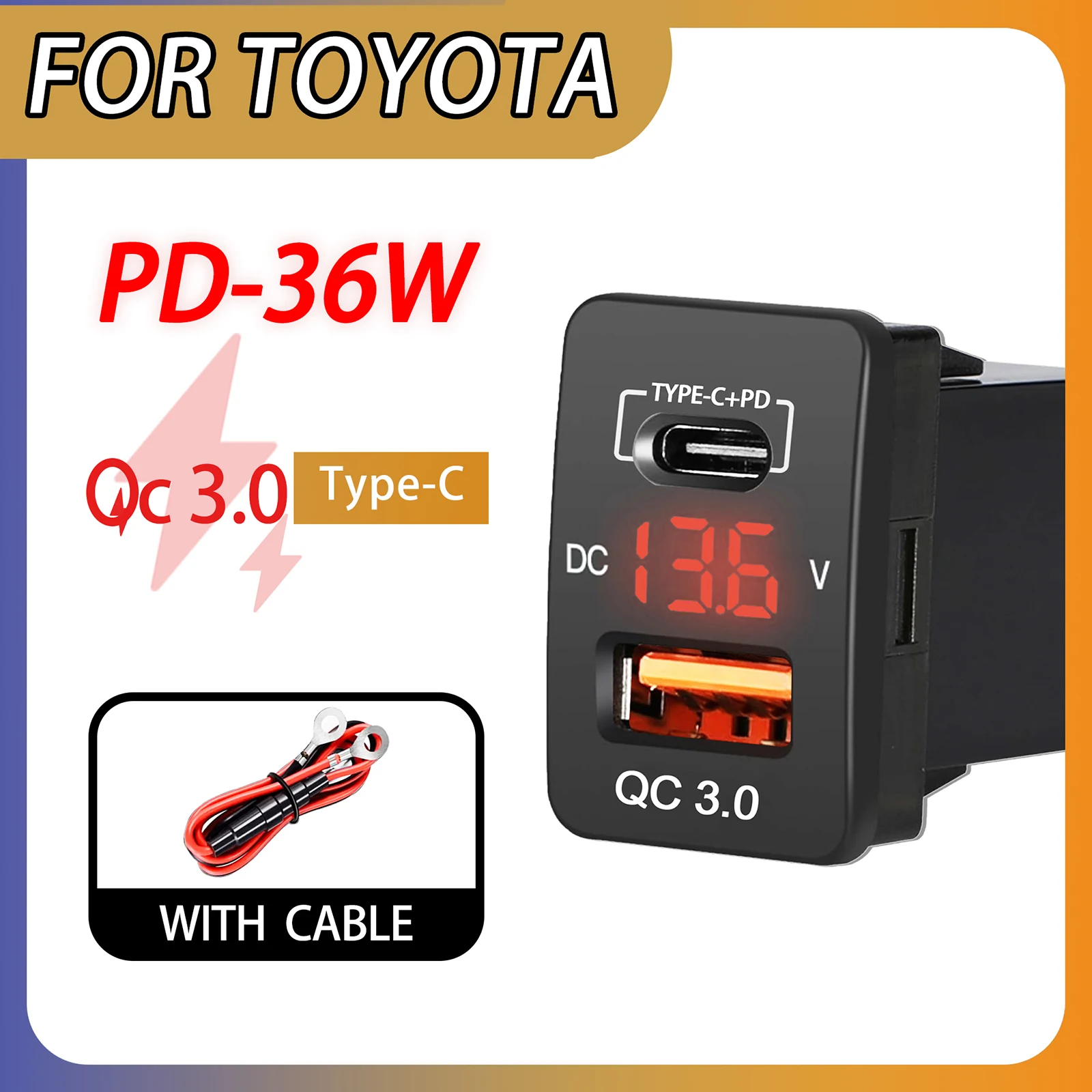 12V Input Dual Port Charger USB Type-C PD Socket Power Car Quick Charging Adapter & Red LED Voltmeter for Toyota Landcruiser
