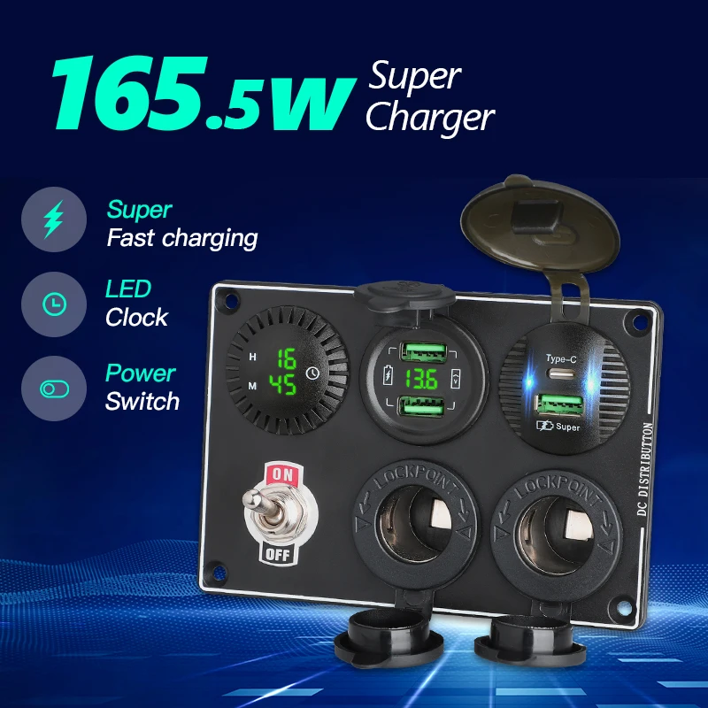 45W 12V to 5V Car Charger Auto Port Socket Adapter QC3.0 Fast Charge Usb Type C Voltmeter On/Off Panel Boat Camper Accessories