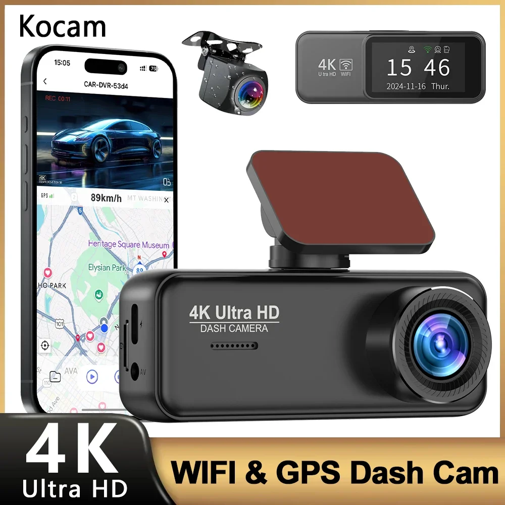 Kocam 4K Dash Cam Front and Rear Dual Channels Dashcam With 24H Parking Monitoring Night Vision DVR Recorder Black Box For Car