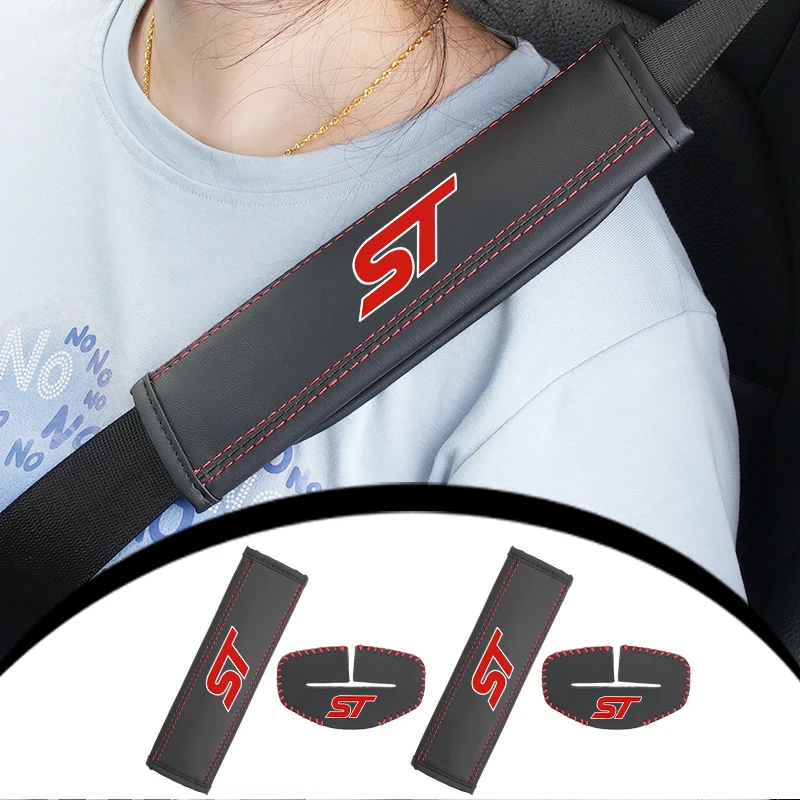 Car Seatbelt Shoulder Pad Leather Seat Belt Buckle Protector Cover For Ford ST Line Racing RS S Kuga Fiesta Fusion Mondeo Edge F