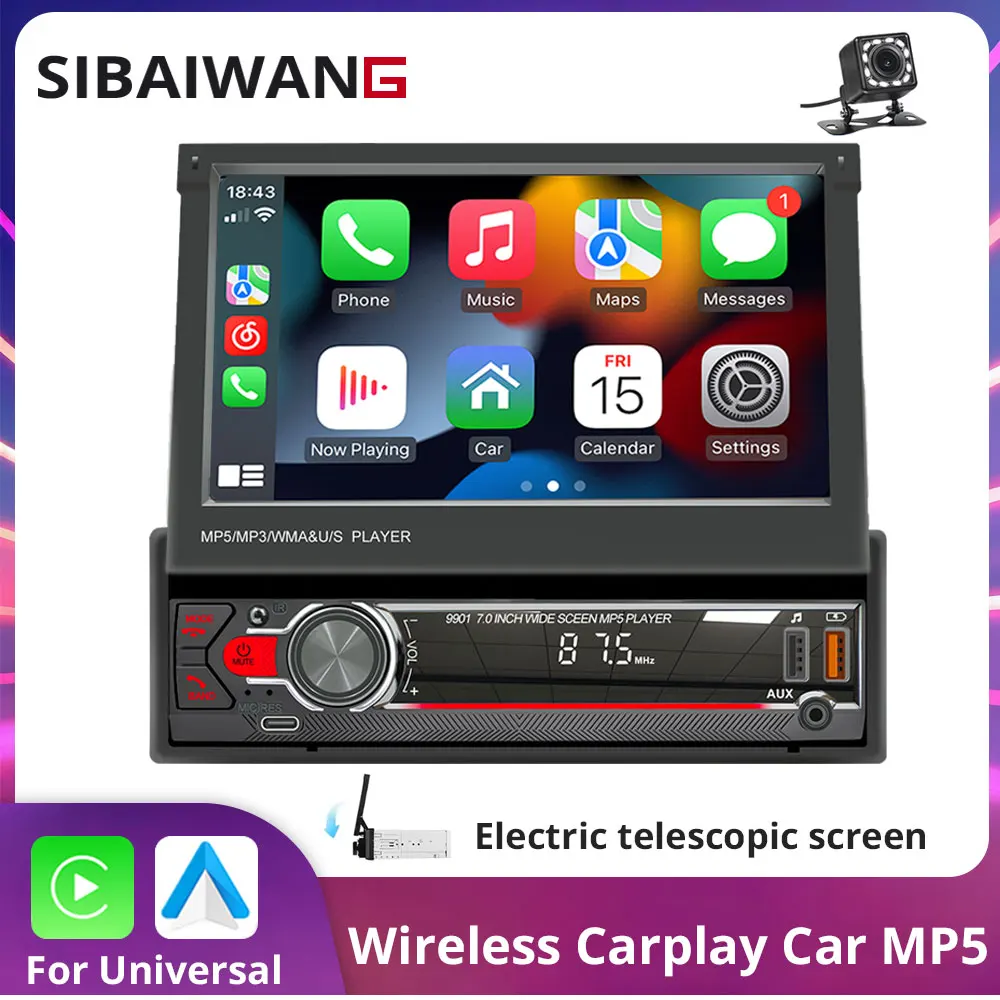 Wireless CarPlay Android Auto 7 Inch Car Stereo 1 Din Car Radio MP5 Player Retractable Touch Screen WIFI FM AUX Input Bluetooth