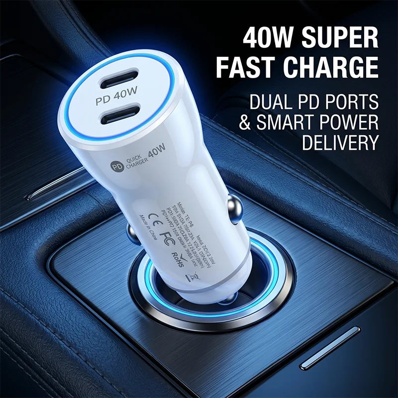 40W PD Dual USB C Car Charger Fast Auto Power Adapter Anti Drop Buckle PC Shell Works With Phones Tablets Dash Cams For iPhone