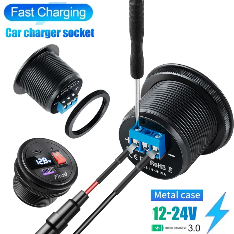 Car Charger Socket PD3.0 & QC3.0 Double USB C Ports with LED Switch 54W Fast Charging 12V/24V For Moto Adapter