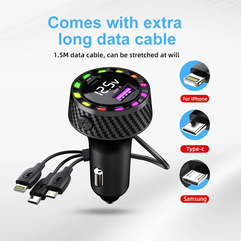 Universal Multi-Port 3-in-1 Fast Car Charger with Charging Cable for iPhone USB-C & Micro USB Devices - Car Charger Adapter