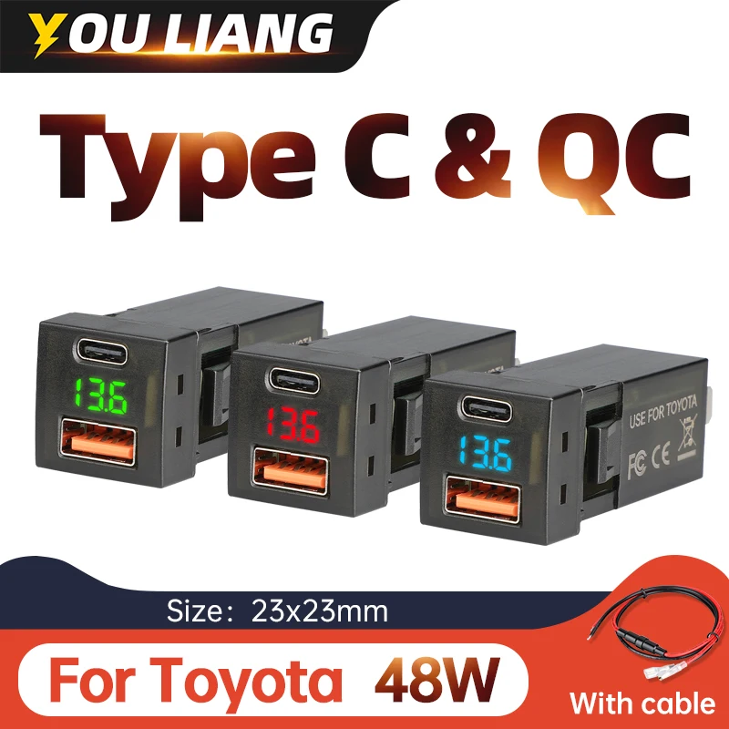 48W Voltmeter Fast car charger usb Type C 30W 12V 24V for toyota New iPhone Quick charging voltmeter Accessories Power Socket