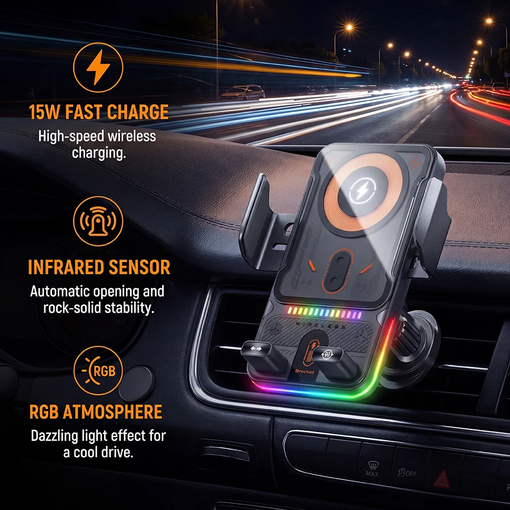 15W Car Unicersal Air Vent Electric Rotating Opening Closing Phone Holder Wireless Charger Dual Coil Smart Phones Fast Charging