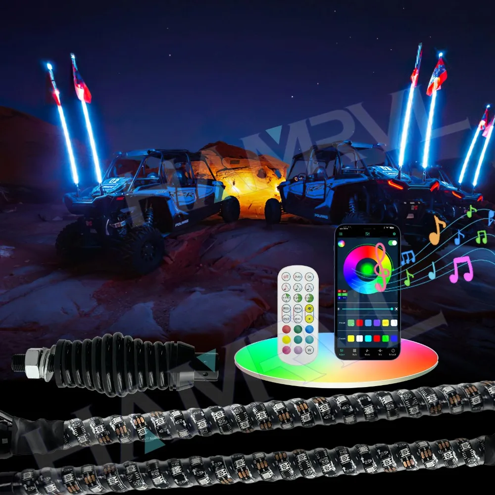 2PCS 3/4/5FT LED Whip Lights RGB Waterproof Multi-Color Flagpole Lamp Bowlight for Offroad Sand Rails Buggies SxS ATV/UTV RZR