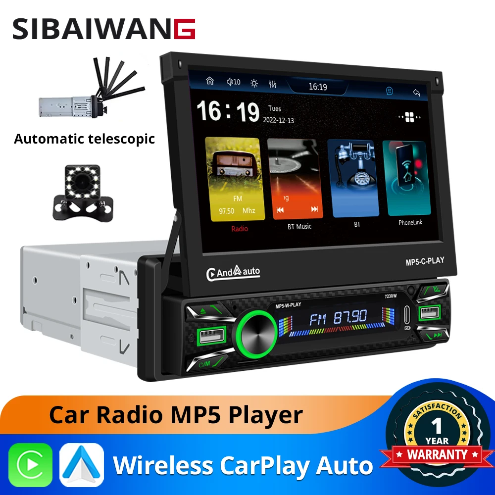 1Din 7inch Electric Telescopic HD Screen Car Radio Wireless CarPlay Android Auto FM AM RDS DSP WiFI Bluetooth USB MP5 Player