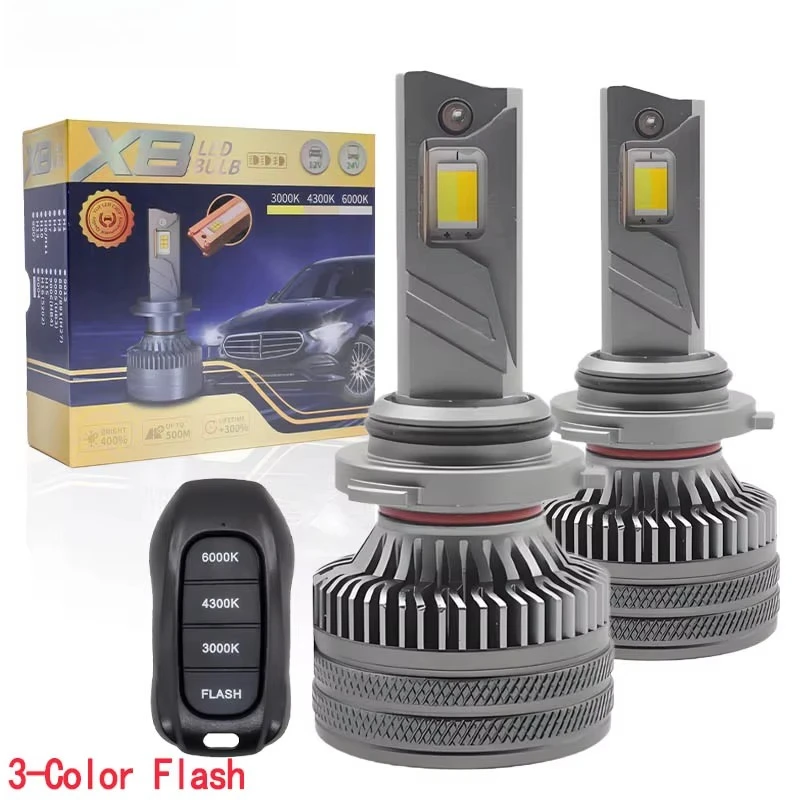 200W 40000LM X8 Tri-Color Flash H1 H4 H1 H7 H8 H9 H11 9005 9006 HB3 9012 Car Led Headlight Light Remote Control Flash