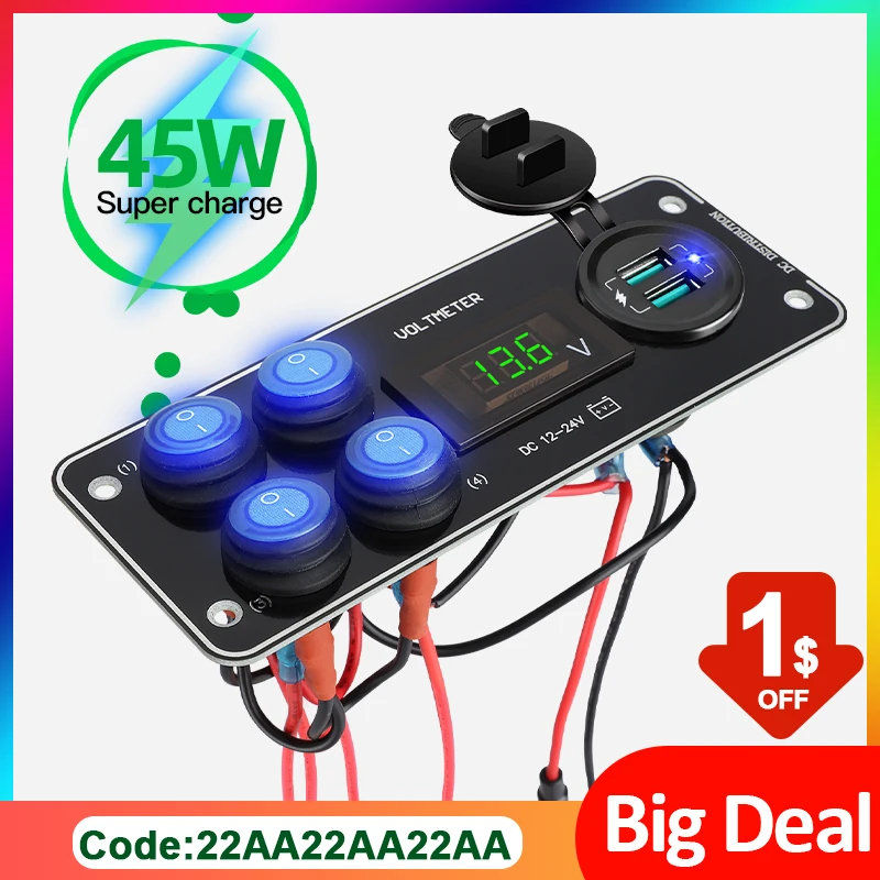 45W 4 Gang Rocker Switch Panel Voltmeter 12-24V QC3.0 & PD USB C Fast Charger for Camping Cars Trucks Boats RV ATV Accessories