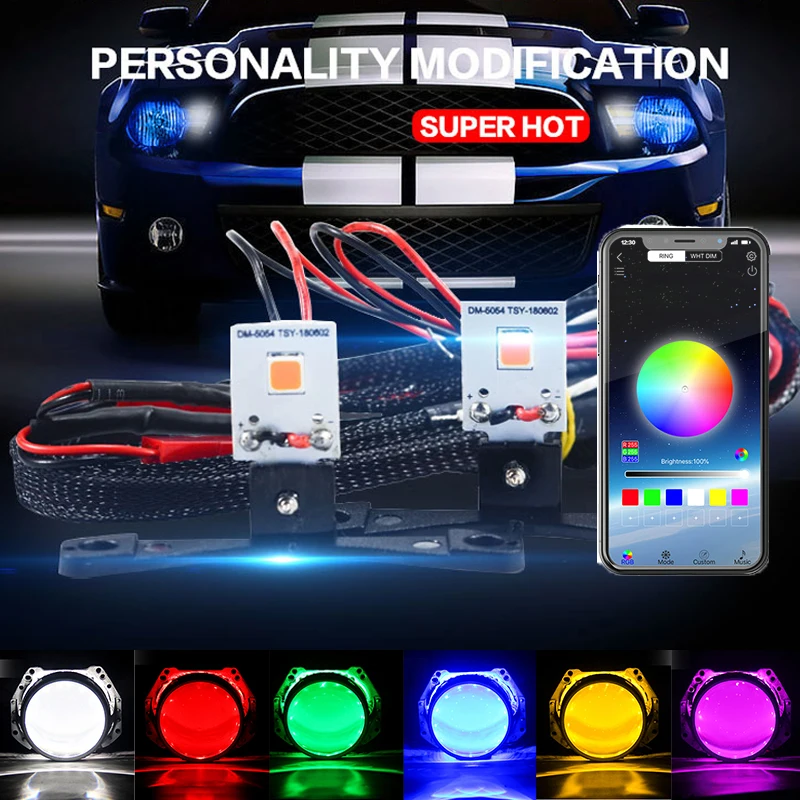 Car DRL LED Evil Eyes  Bluetooth-compatible APP RGB Headlights Projector Lens Accessories ​For Headlight Projector Lens Retrofit