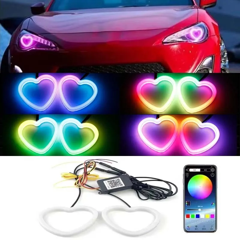 2Pcs RGB Angel Eyes LED Ring Lights Heart Shaped DRL Decoration Light APP Control Dynamic Halo Rings Turn Signal Car Accessories