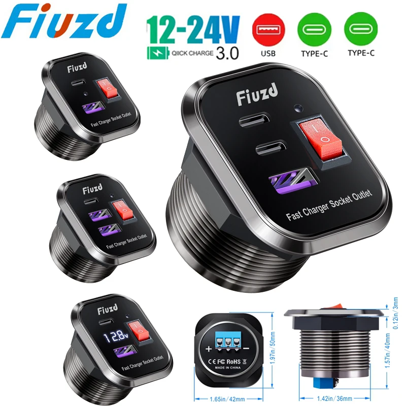 Car Charger Socket PD3.0 & QC3.0 Double USB C Ports Waterproof with LED Switch 78W Fast Charging 12V/24V For Moto Adapter