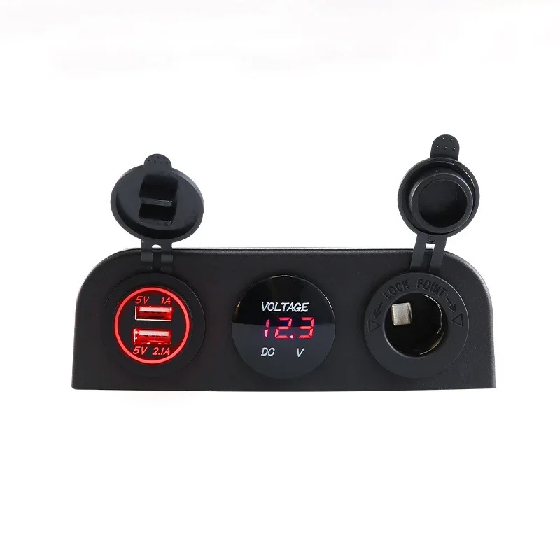 3 in 1 Tent Base Dual USB Car Charger Socket Power Outlet LED Digital Voltmeter Cigarette Lighter Socket for Truck Car Marine