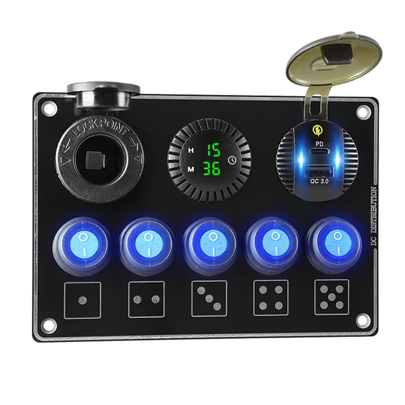 QC3.0 USB Car Charger Type-c Quick Charge LED Digital Clock Time 12V Power Outlet 5 Gang ON-Off Toggle Switch Panel for Car Boat
