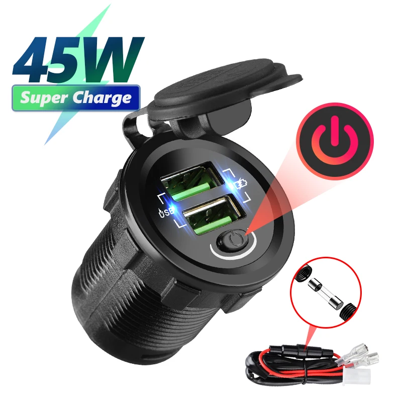 QC3.0 36W Car Usb Charger Auto 12-24V Socket Adapter Port Quick Charge With Switch ON/OFF Motorcycle Camper Boat Accessories