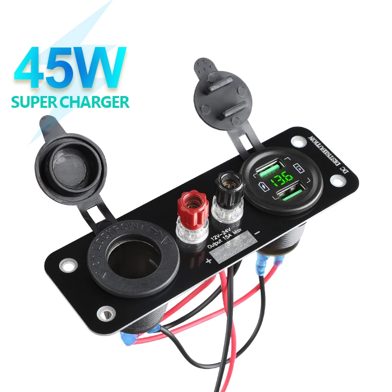 45W Quick Charge QC3.0 PD Charger Usb C 12V Voltmeter Terminal Connector Binding Post For Camping Car Accessories Power Adapter