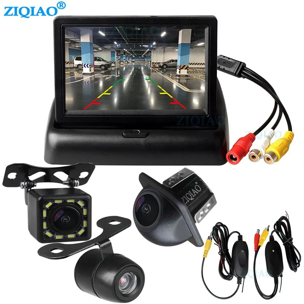 ZIQIAO 4.3" LCD Car Foldable Monitor Rear View Camera Wireless Video Transmitter Receiver Kit for Parking Monitoring System