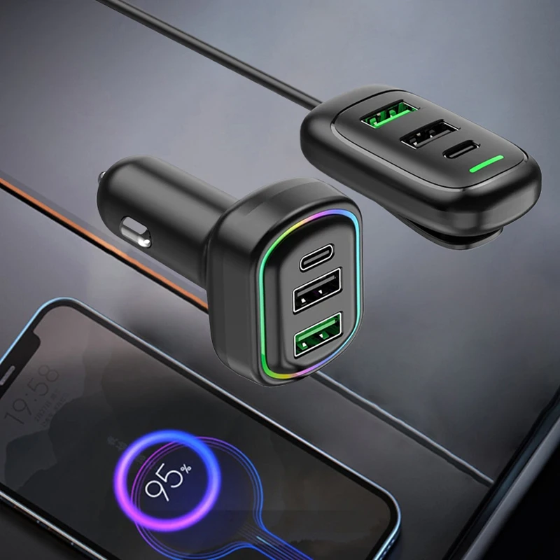 High-Capacity 6-Port USB Type-C Car Charger with RGB Light & PD Fast Charging, Perfect for Iphone, Tablet, and Laptop
