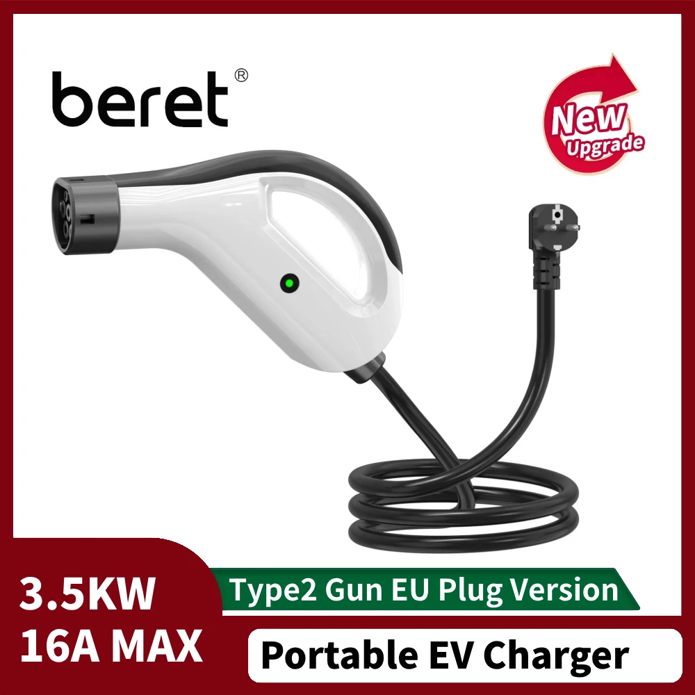 Beret EV Portable Charger Type2 EU Plug Connector 16A 3.5KW Type2 5m Cable Car Charging Station for Electric Vehicle