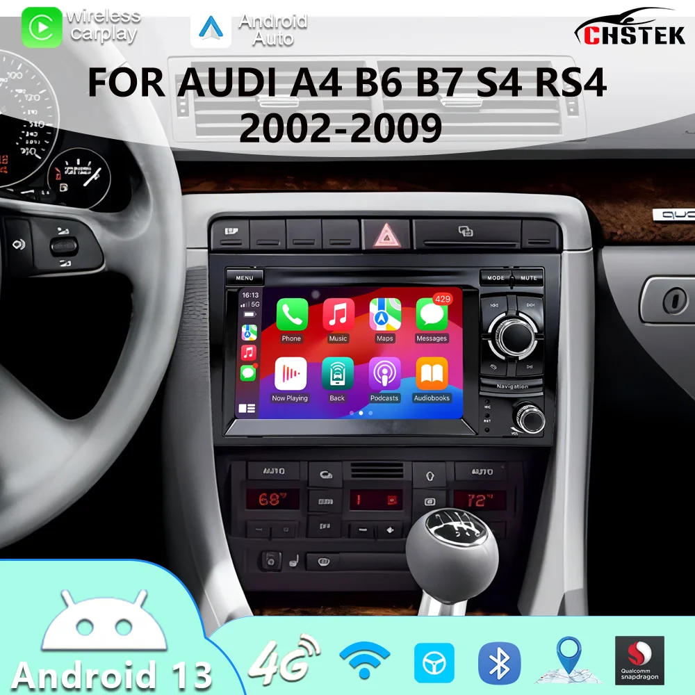 CHSTEK Android Auto Multimedia GPS Navigation Radio For Audi A4 2002 2003-2008 Wireless Carplay Bluetooth WiFi Qualcomm Stereo