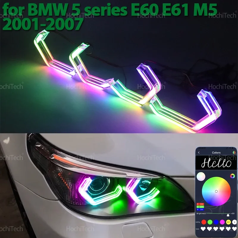 For BMW 5 Series E60 E61 2001-2007 LED Angel Eyes Kit Ring flashing RGB APP control Headlight Lamps with turn signal