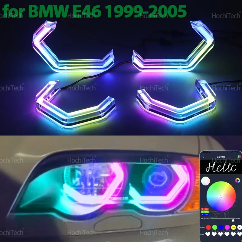 For BMW 3 Series E46 Sedan 1999-2005 RGB multi colors DTM style Light Rings APP control Turn signal flashing LED Angel Eyes Kit