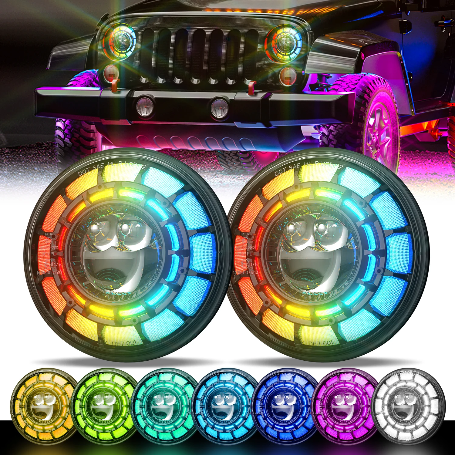 RGB LED 7 Inch Round Headlight H4 7'' Halo Ring Amber Angel Eye DRL For Lada 4x4 urban Niva Jeep Wrangler TJ JK LJ CJ Car Light