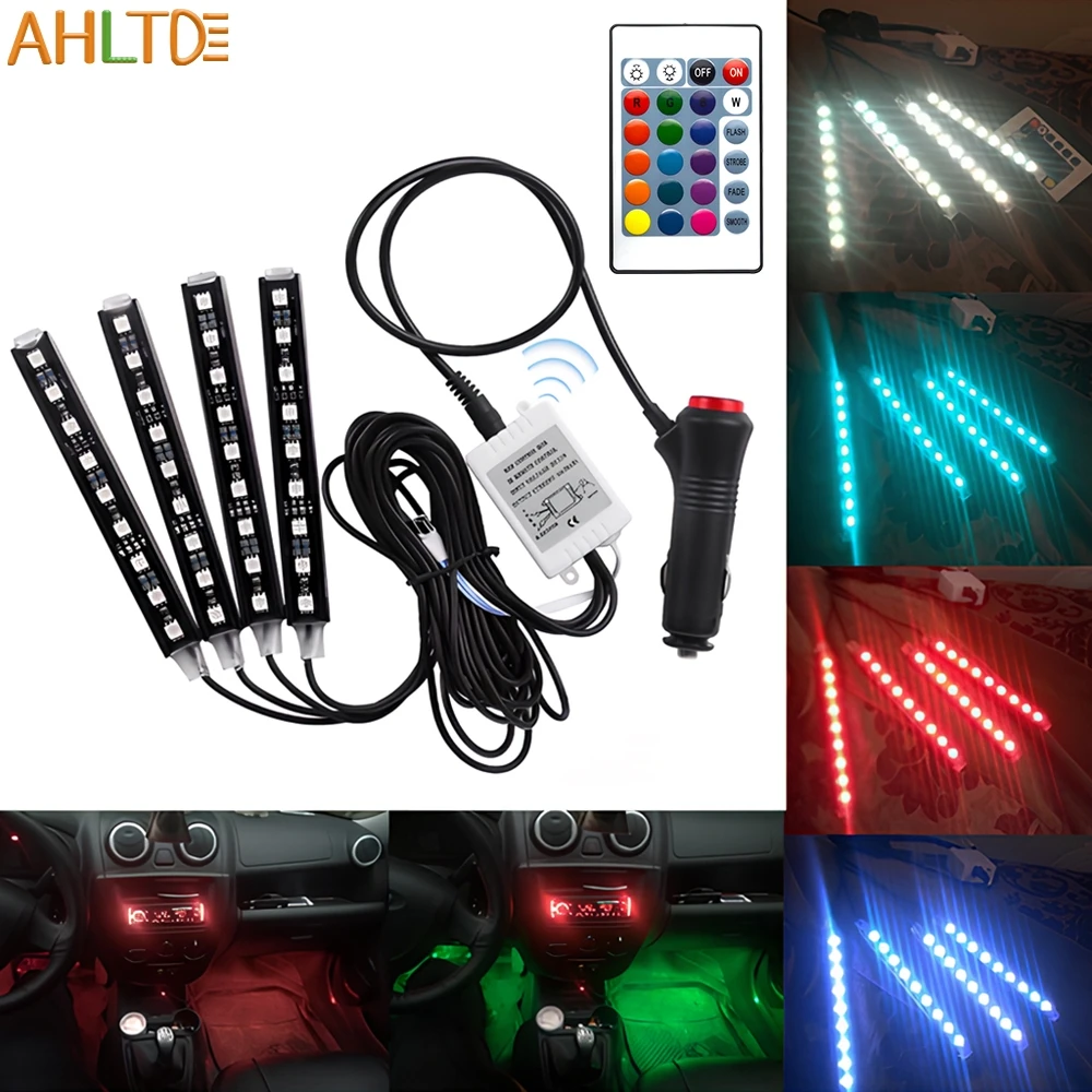 4pcs Neon LED Car Interior Ambient Foot Strip Light Kit RGB Backlight Remote Control Auto Atmosphere Decorative Lamp Accessories