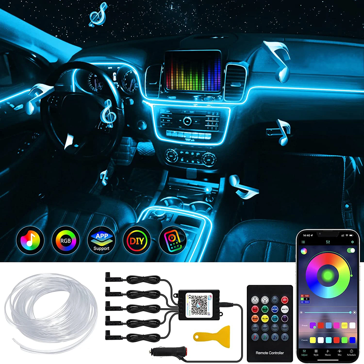 5IN1 6IN1 Neon LED Car Interior Ambient Light Fiber Optic EL Wire Strip Light App USB RGB Auto Accessories LED Decorative Lamp
