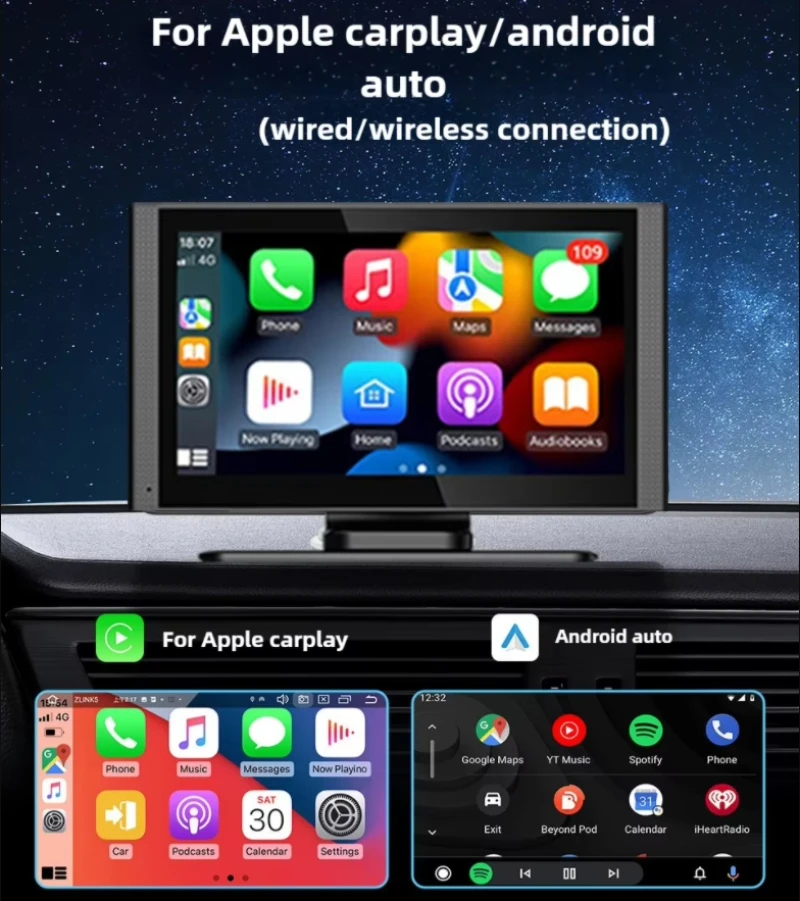 7inch Car Player Portable Screen For Carplay Android Auto Interconnected Central Control Navigation Screen FM AUX Speaker Player